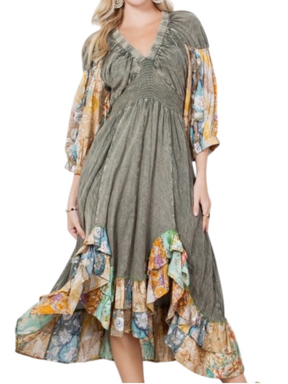 Young Threads Embroidered Ruffle Hem High Low Boho Smocked MIDI Dress 3/4 Sleeve